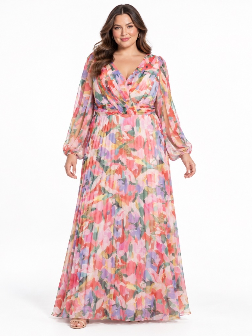 Betsy & Adam - Floral Chiffon Pleated Long-Sleeve Gown
